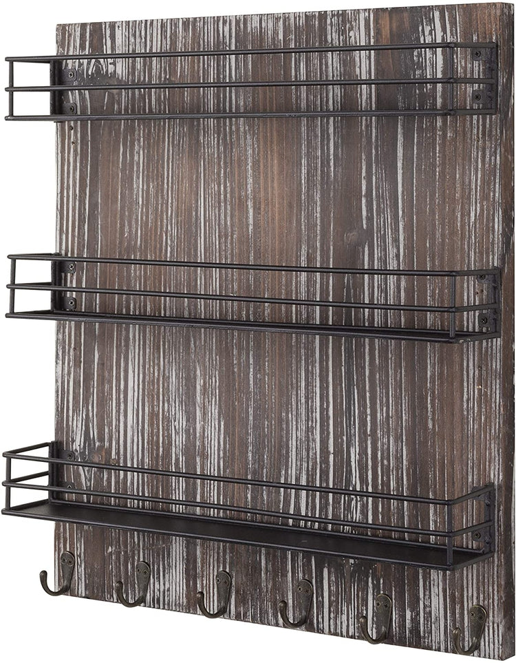 3-Tier Torched Wood and Black Metal Wire Shelves, Wall-Mounted Spice Rack with 6 Hooks-MyGift