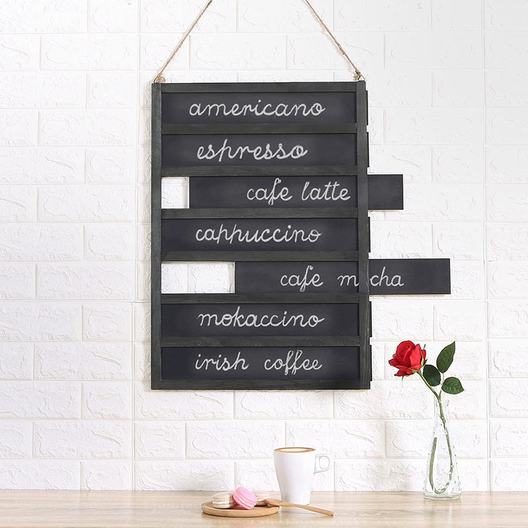 24-Inch Wall-Mounted Wood, 7 Slot Chalkboard Menu Sign with Removable Boards and Hanging Rope-MyGift