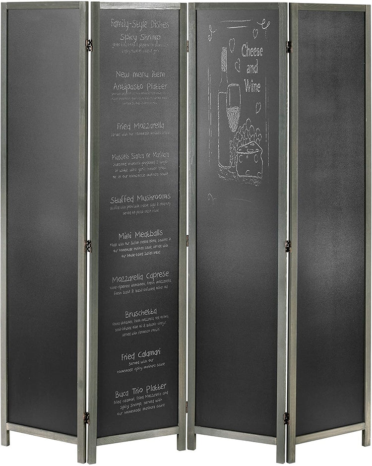 4 Panel Gray Wood Chalkboard Room Divider, Folding Writable Privacy Screen-MyGift