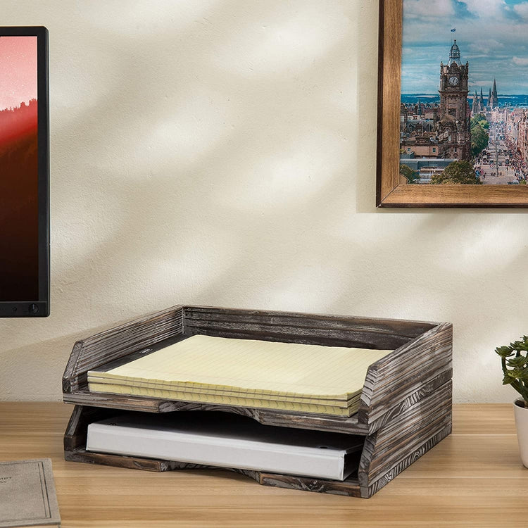 Set of 2 Rustic Torched Wood Desktop Stacking Document Trays-MyGift