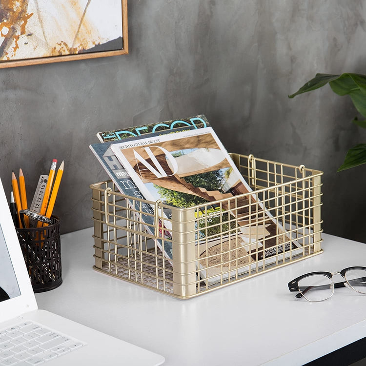 Set of 3 Metal Wire Gold Tone Nesting Storage Baskets with Handles-MyGift