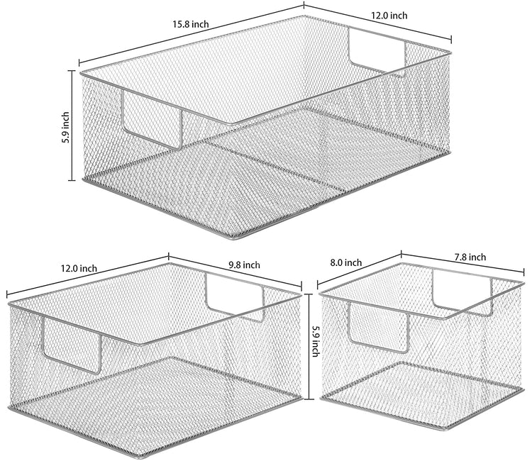 Modern Wire Nesting Storage Pantry Baskets with Handles, Shelf Bins Utility Organization, Set of 3, Silver