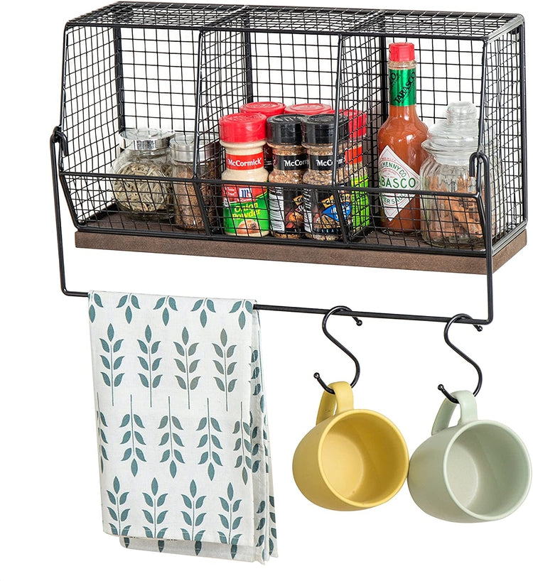 Wall-Mounted Chicken Wire Kitchen Organizer Shelf Rack, Fruit Storage Basket with Towel Bar and 4 S-Hooks-MyGift