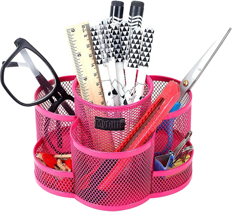 Rotating Fuchsia Metal Mesh 7-Compartment Desktop Office Supplies Organizer Caddy-MyGift