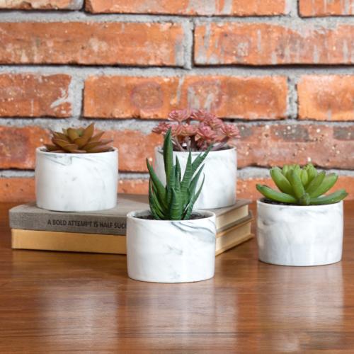 Mini Artificial Succulents in Marbled Ceramic Planters, Set of 4-MyGift