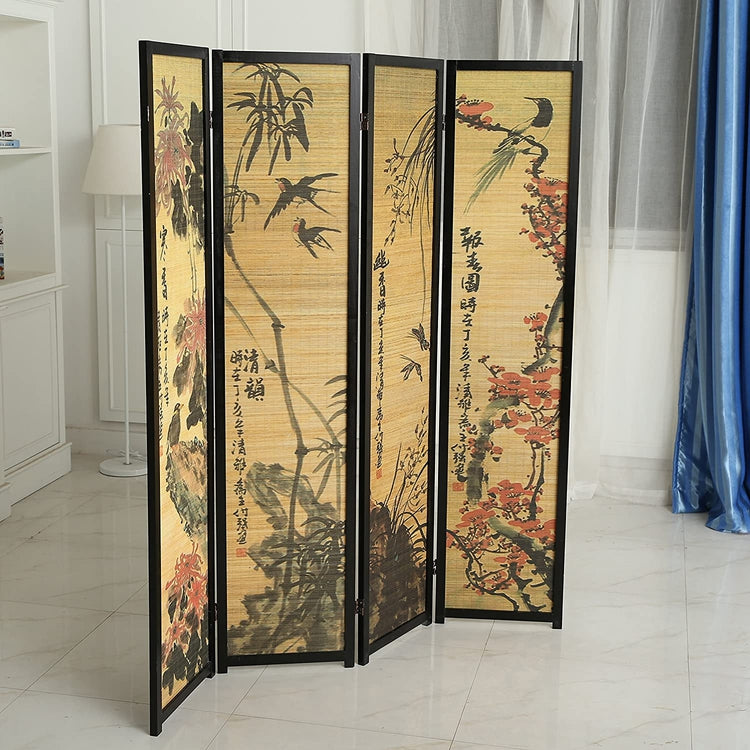 Chinese Calligraphy Design Wood & Bamboo Hinged 4 Panel Screen / Freestanding Room Divider Black Frame-MyGift