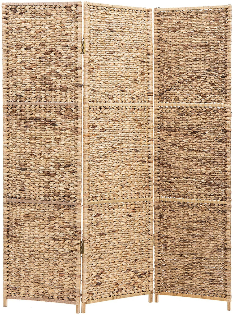 Brown 3-Panel Room Divider Handwoven Seagrass Wood Framed Room