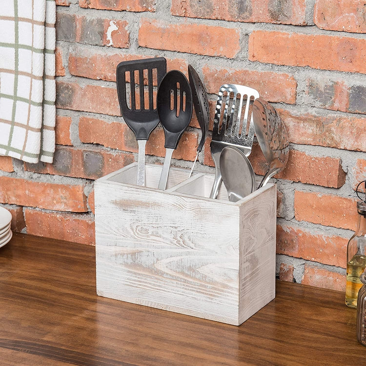 Wooden Kitchen Utensil Caddy With 2 Compartments