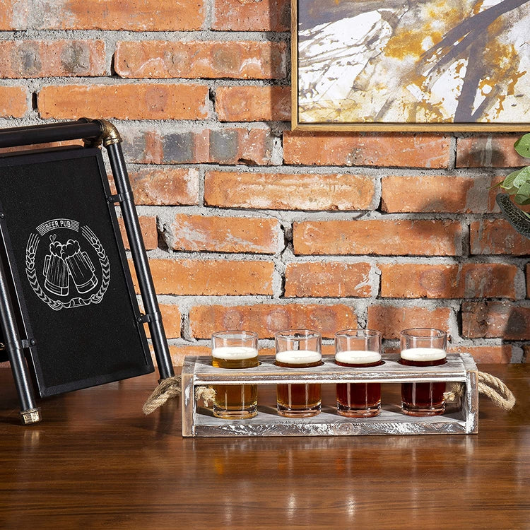 Rustic Torched Wood Beer Flight Serving Caddy with 5-ounce Glasses-MyGift