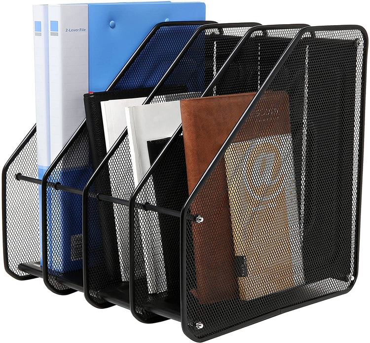 4 Compartment, Black Metal Mesh Document and File Organizer Rack, Heavy Duty Magazine Holder-MyGift