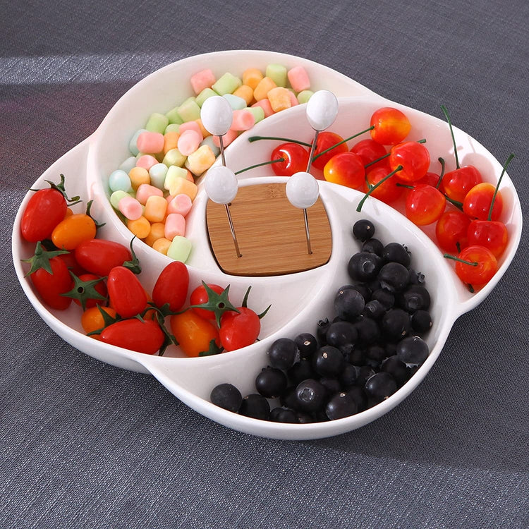 Decorative White Ceramic Appetizer Serving Platter Tray with Food Picks and Wood Holder-MyGift