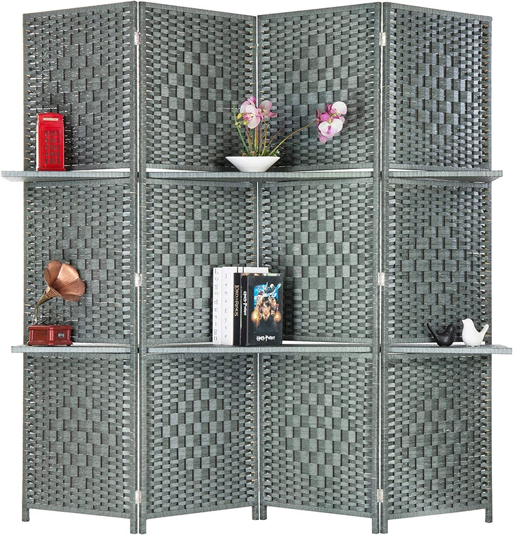 6-Foot Gray Bamboo Woven 4-Panel Room Divider with 2 Shelves-MyGift