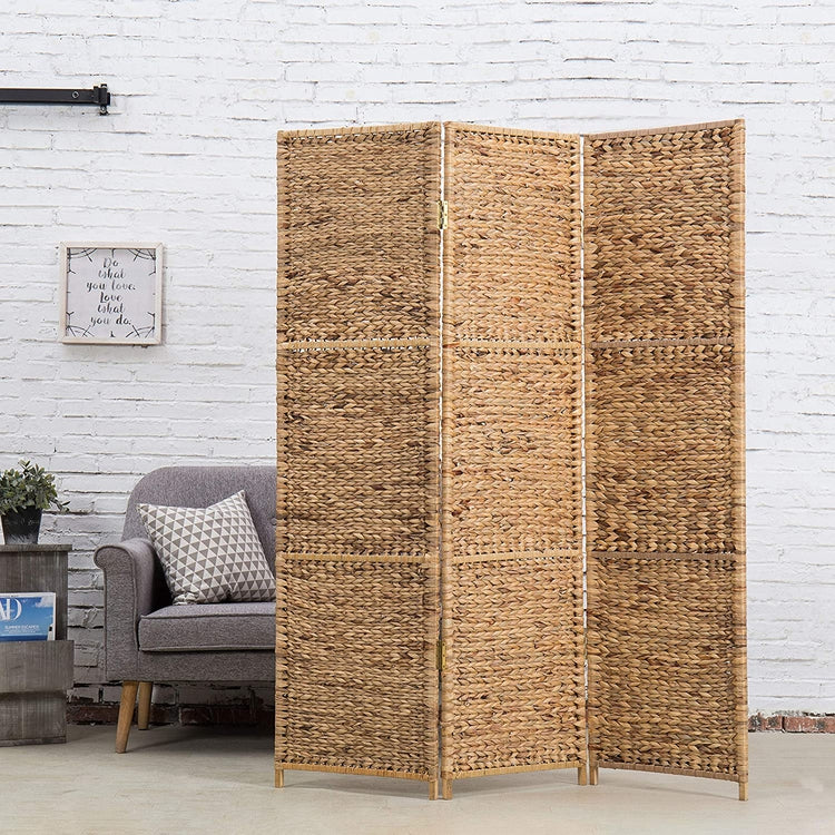 Brown 3-Panel Room Divider Handwoven Seagrass Wood Framed Room Divider, Privacy Folding Screen-MyGift