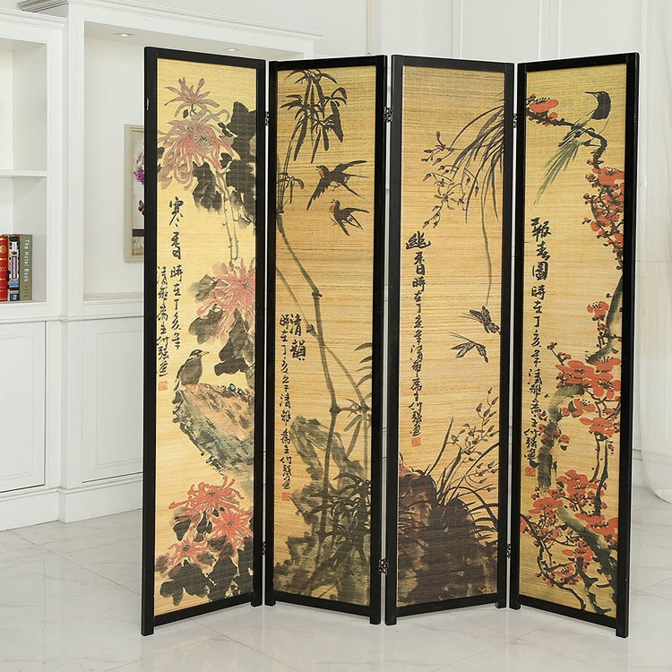 Chinese Calligraphy Design Wood & Bamboo Hinged 4 Panel Screen / Asian ...