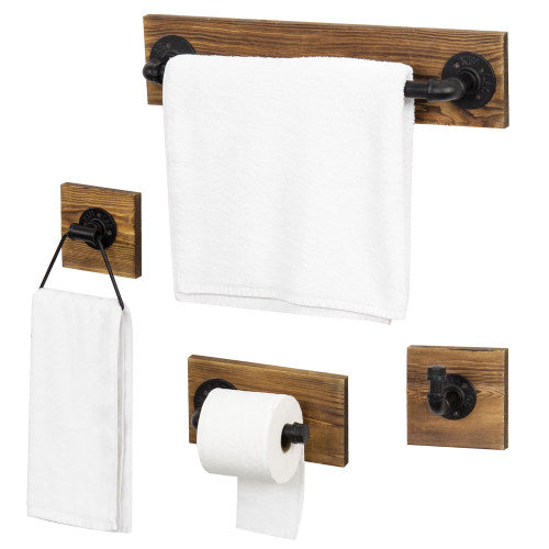 4-Piece Dark Brown Wood & Metal Pipe Bathroom Set-MyGift