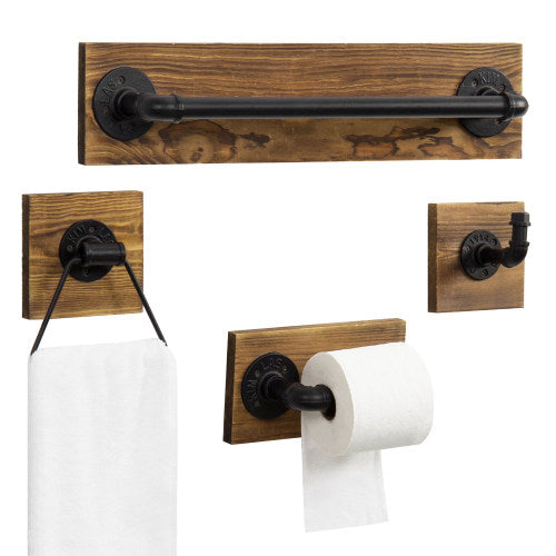 4-Piece Dark Brown Wood & Metal Pipe Bathroom Set – MyGift