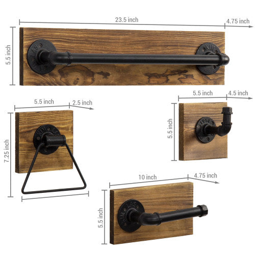 4-Piece Dark Brown Wood & Metal Pipe Bathroom Set-MyGift