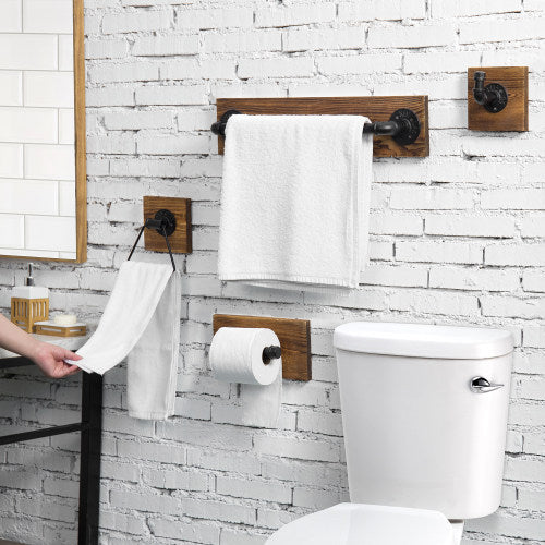 4-Piece Dark Brown Wood & Metal Pipe Bathroom Set-MyGift