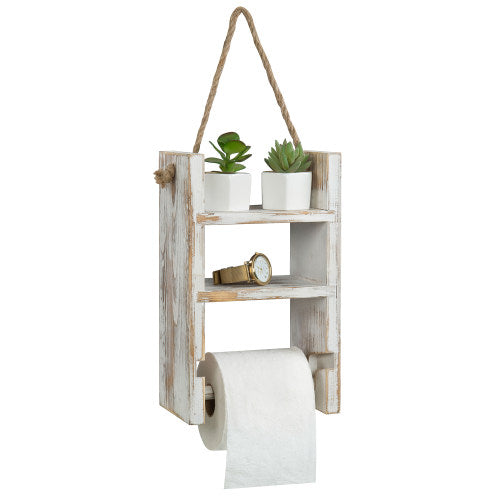 Whitewashed Wood Ladder Style Shelf w/ Toilet Paper Holder-MyGift