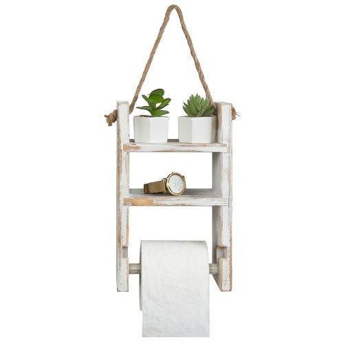 Whitewashed Wood Ladder Style Shelf w/ Toilet Paper Holder-MyGift