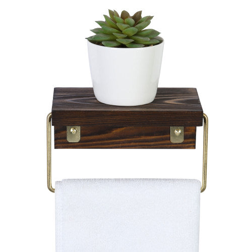 Burnt Dark Brown Wood & Brass Metal Toilet Paper Holder w/ Shelf