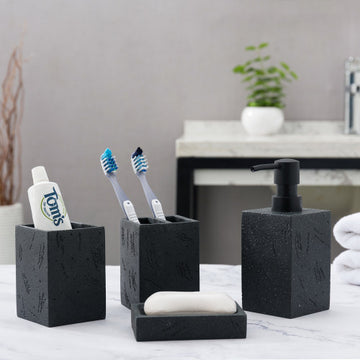 Black Textured Bathroom Accessory Set w/ Pump Dispenser, Toothbrush Ho ...