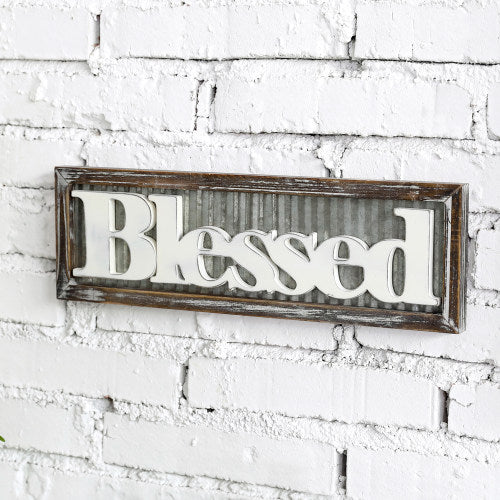 Rustic Wood & Corrugated Galvanized Metal Sign "Blessed"-MyGift