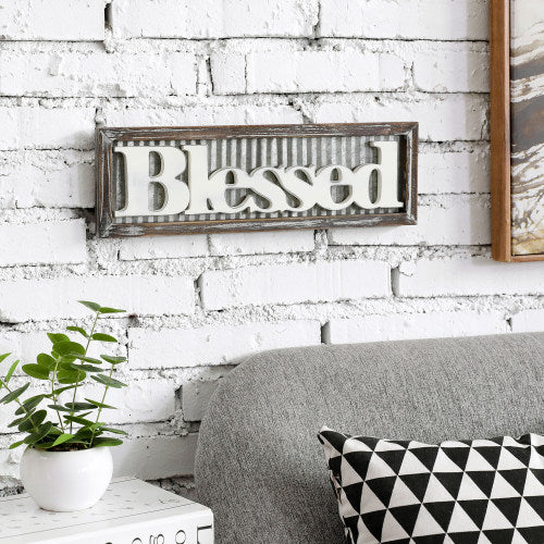 Rustic Wood & Corrugated Galvanized Metal Sign "Blessed"-MyGift