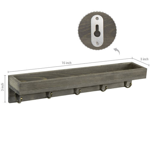 MyGift Floating Wall Shelf with Hooks, Whitewashed Wood Entryway Storage Shelf with 4 Metal Key Hooks