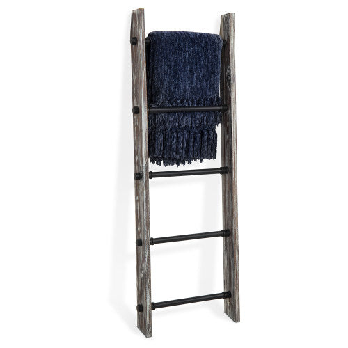 Rustic Torched Wood and Black Metal Industrial Pipe Towel Ladder-MyGift