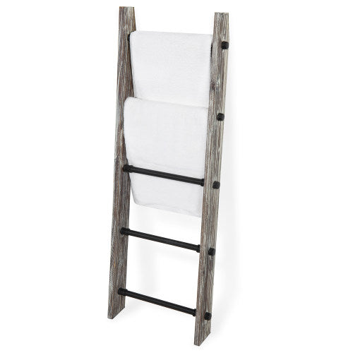 Rustic Torched Wood and Black Metal Industrial Pipe Towel Ladder-MyGift