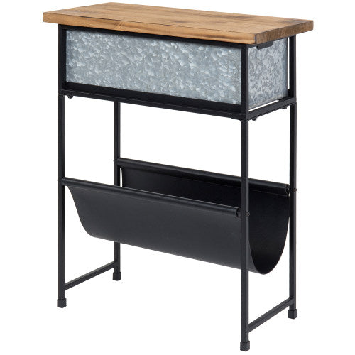 Rustic Burnt Wood and Black Metal Side Table w/ Silver Galvanized Drawer and Leatherette Magazine Holder-MyGift