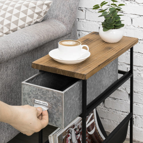 Rustic Burnt Wood and Black Metal Side Table w/ Silver Galvanized Drawer and Leatherette Magazine Holder-MyGift