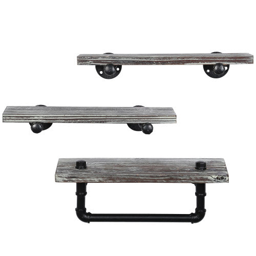 Torched Wood/ Industrial Pipe Bathroom Shelf Set w/ Towel Bar-MyGift