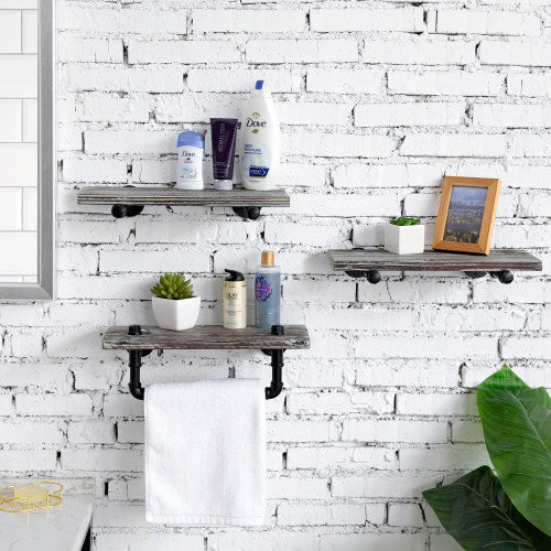 Torched Wood/ Industrial Pipe Bathroom Shelf Set w/ Towel Bar-MyGift