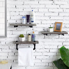 Rustic Burnt Wood & Metal Pipe Shelf with Towel Rack