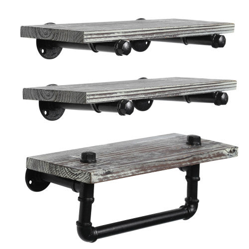 Torched Wood/ Industrial Pipe Bathroom Shelf Set w/ Towel Bar-MyGift