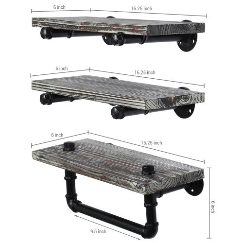 Torched Wood/ Industrial Pipe Bathroom Shelf Set w/ Towel Bar-MyGift