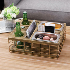 MyGift Burnt Wood Snack Caddy with Slots for Beer, Beverages, and Remote Controls with Black Metal Home Cutout Decoration