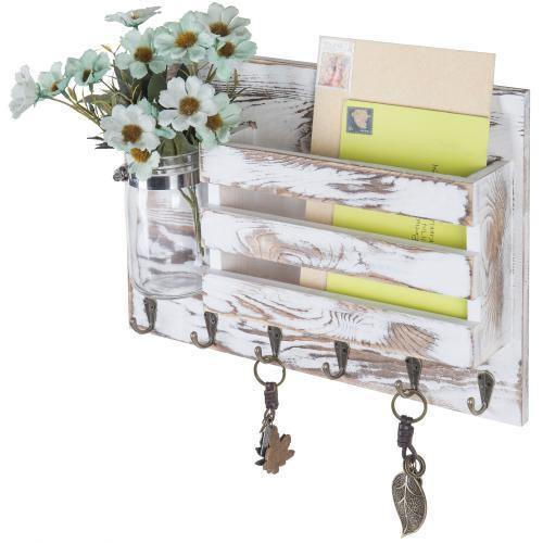 Whitewashed Wood Mail Sorter with Hooks & Mason Jar - MyGift