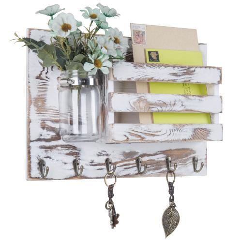 Whitewashed Wood Mail Sorter with Hooks & Mason Jar - MyGift