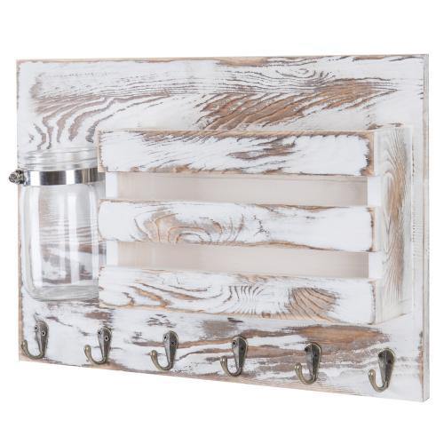 Whitewashed Wood Mail Sorter with Hooks & Mason Jar - MyGift