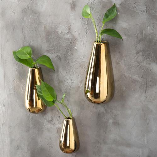 Metallic Gold-Tone Wall-Mounted Vases, Set of 3