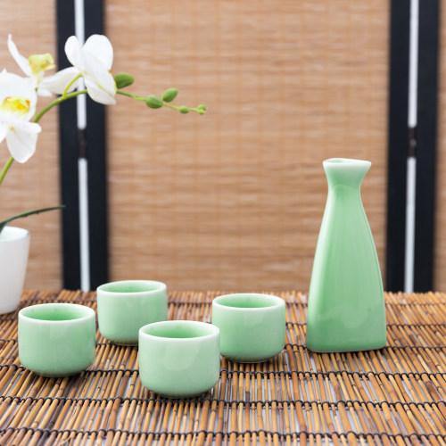 Japanese Style Jade-Color Ceramic Sake Set with Carafe and 4 Cups - MyGift