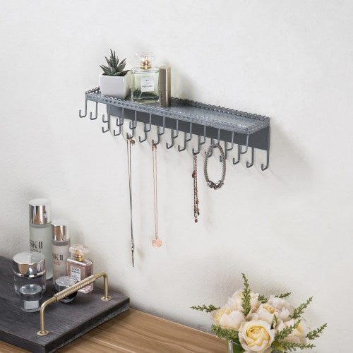 Wall-Mounted Silver Jewelry Organizer with Display Shelf-MyGift