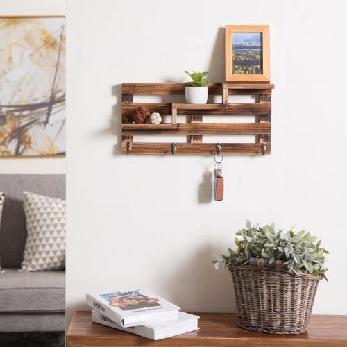 Rustic Burnt Wood Entryway Shelf w/ Key Hooks - MyGift