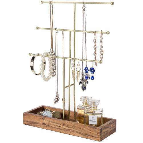 Gold Metal Jewelry Display Stand w/ Wooden Ring Tray – MyGift