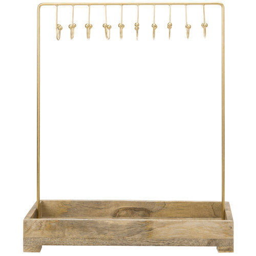 Modern Brass-Tone Metal Jewelry Rack w/ Natural Mango Wood Tray-MyGift