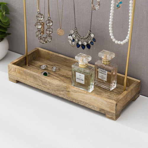 Modern Brass-Tone Metal Jewelry Rack w/ Natural Mango Wood Tray-MyGift