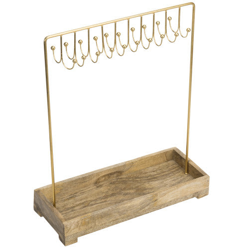 Modern Brass-Tone Metal Jewelry Rack w/ Natural Mango Wood Tray-MyGift